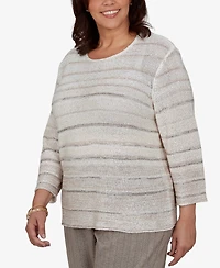 Alfred Dunner Plus Crew Neck 3/4-Sleeve Striped Sweater