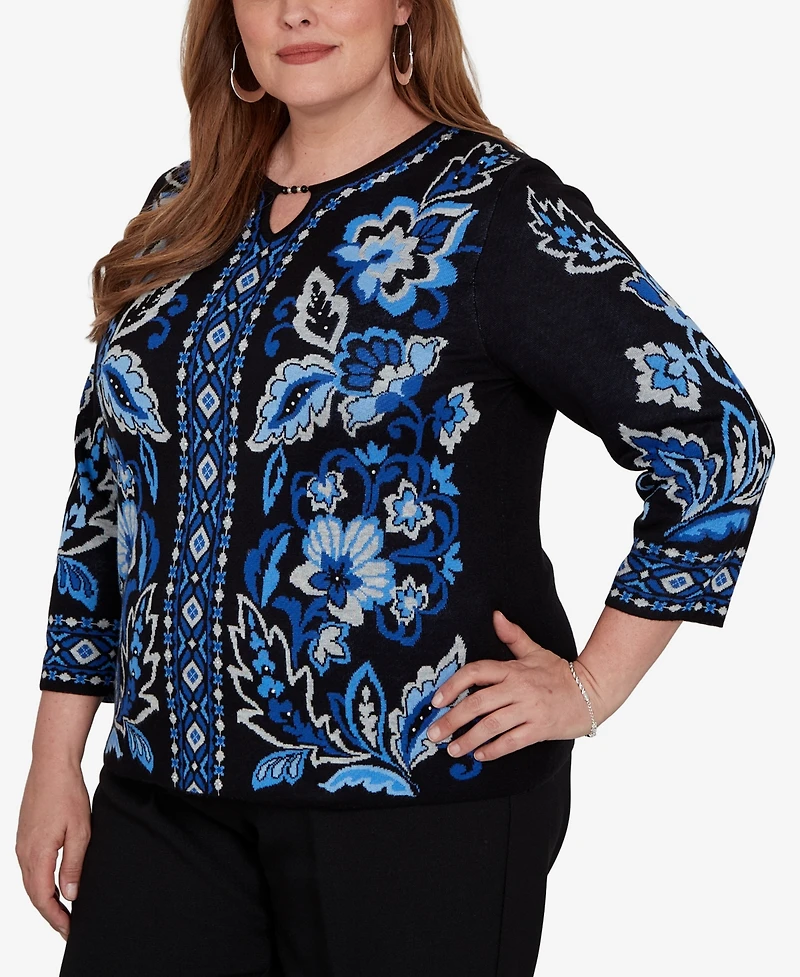 Alfred Dunner Plus Keyhole Neck 3/4-Sleeve Pullover Sweater