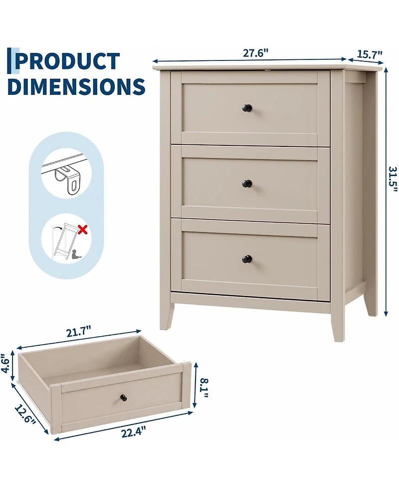 Gaomon 27.5" Khaki 3-Drawer Dresser with Lacquered Finish and Gold Knobs, Modern Nightstand