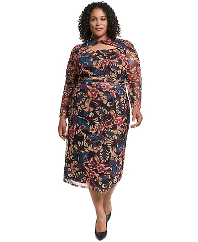 Vince Camuto Plus Ptd Mesh Twist Neck Body Floral-Print Turtleneck Dress