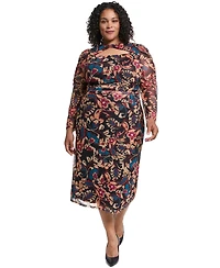 Vince Camuto Plus Ptd Mesh Twist Neck Body Floral-Print Turtleneck Dress