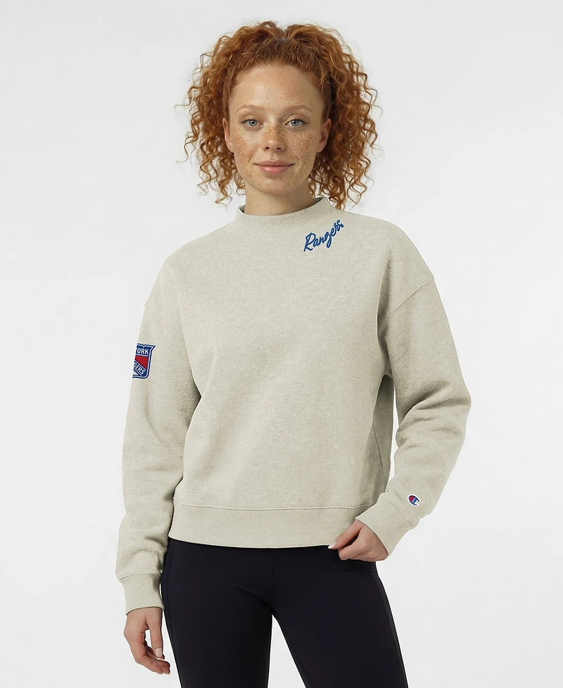 Champion Women's New York Rangers Collar Script Triumph Fleece Relaxed-Fit Crewneck Sweatshirt