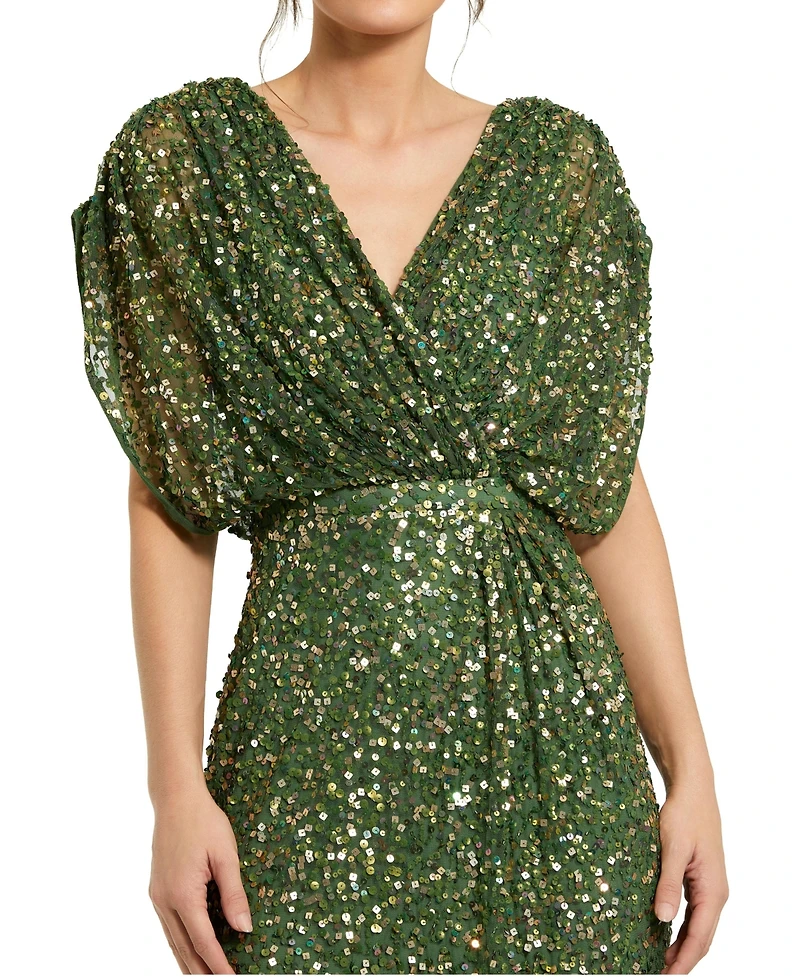 Mac Duggal Women's Sequin Draped Sleeve V-Neck Gown