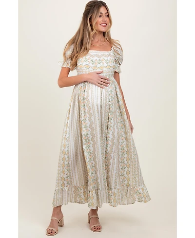 Pinkblush Women's Peach Floral Puff Sleeve Lace Trim Maxi Dress