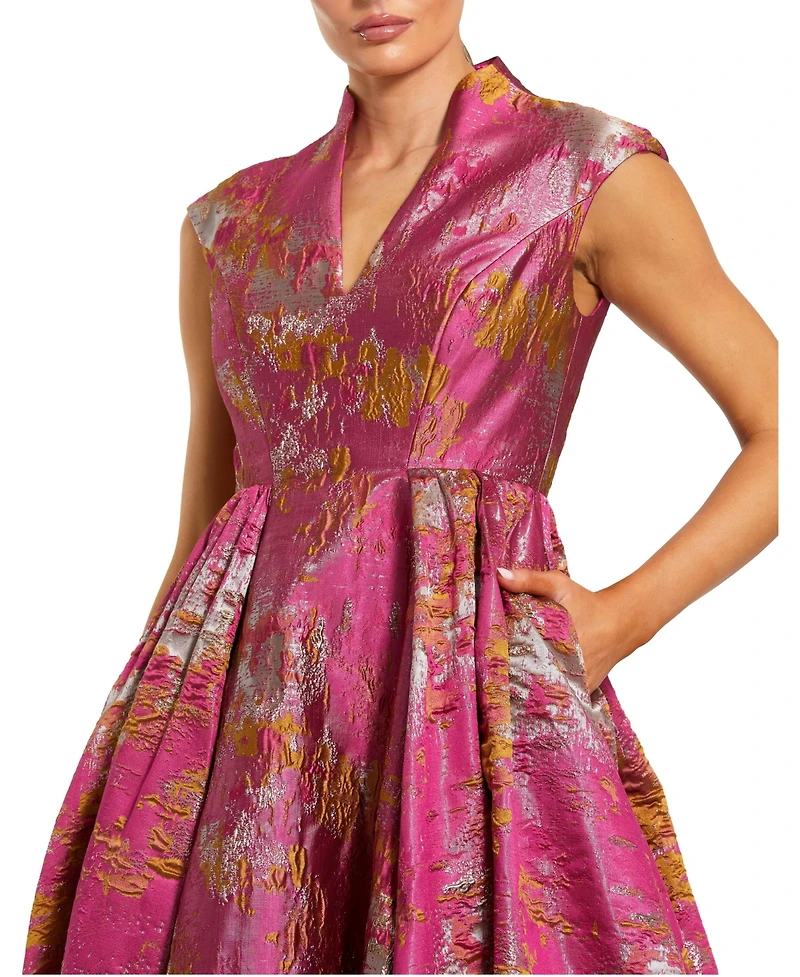 Mac Duggal Women's Metallic Jacquard Ball Gown with Shawl Collar