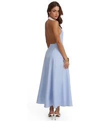 Miss Circle Women's Winslet Sky Blue Striped Cotton Poplin Halter Maxi Dress