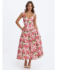 Miss Circle Women's Wilfreda Blooming Pink Floral Linen Sweetheart Midi Dress