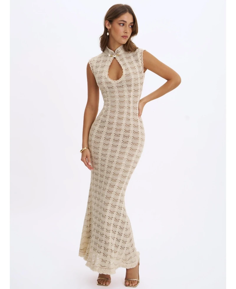 Miss Circle Women's Xylona Beige and Gold Crochet Teardrop Neckline Mermaid Maxi Dress