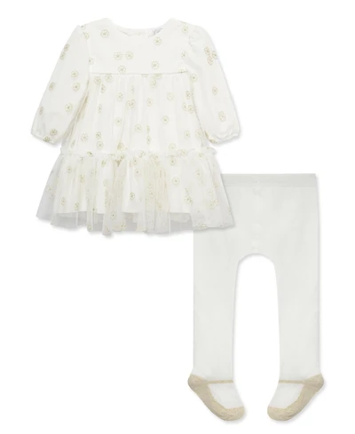 Little Me Baby Girls' Gold Floral Mesh Dress and Tights, 2-Piece Set