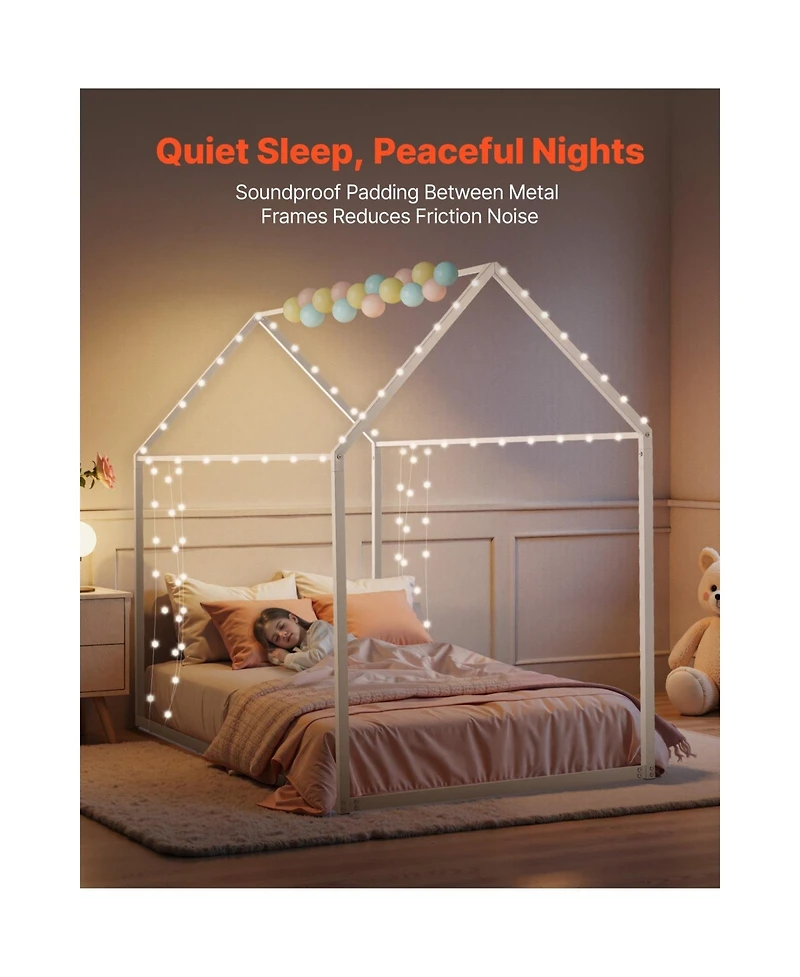 Sugift Twin Size Metal House Bed Frame with Steel Slat Support and Canopy Roof for Kids