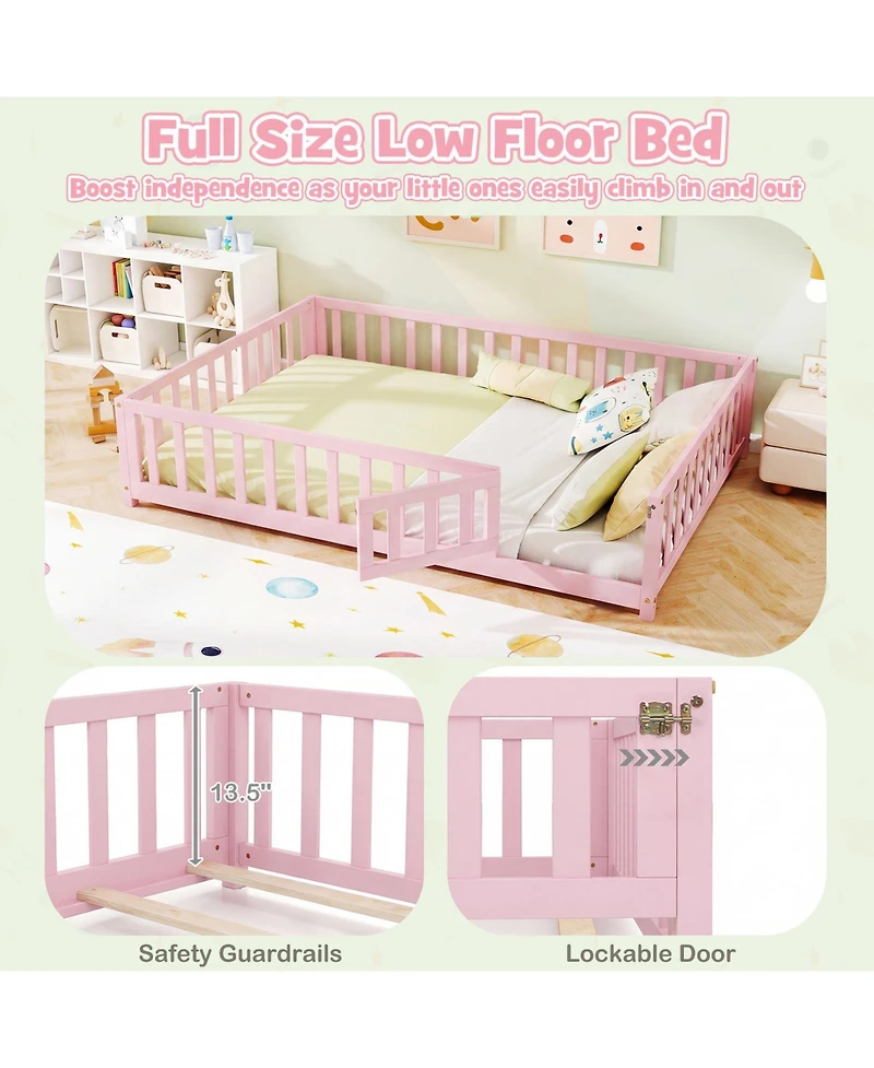 Gymax Full Size Floor Bed Montessori Bed Frame with Full-length Guardrails and Safety Door