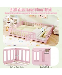 Gymax Full Size Floor Bed Montessori Bed Frame with Full-length Guardrails and Safety Door