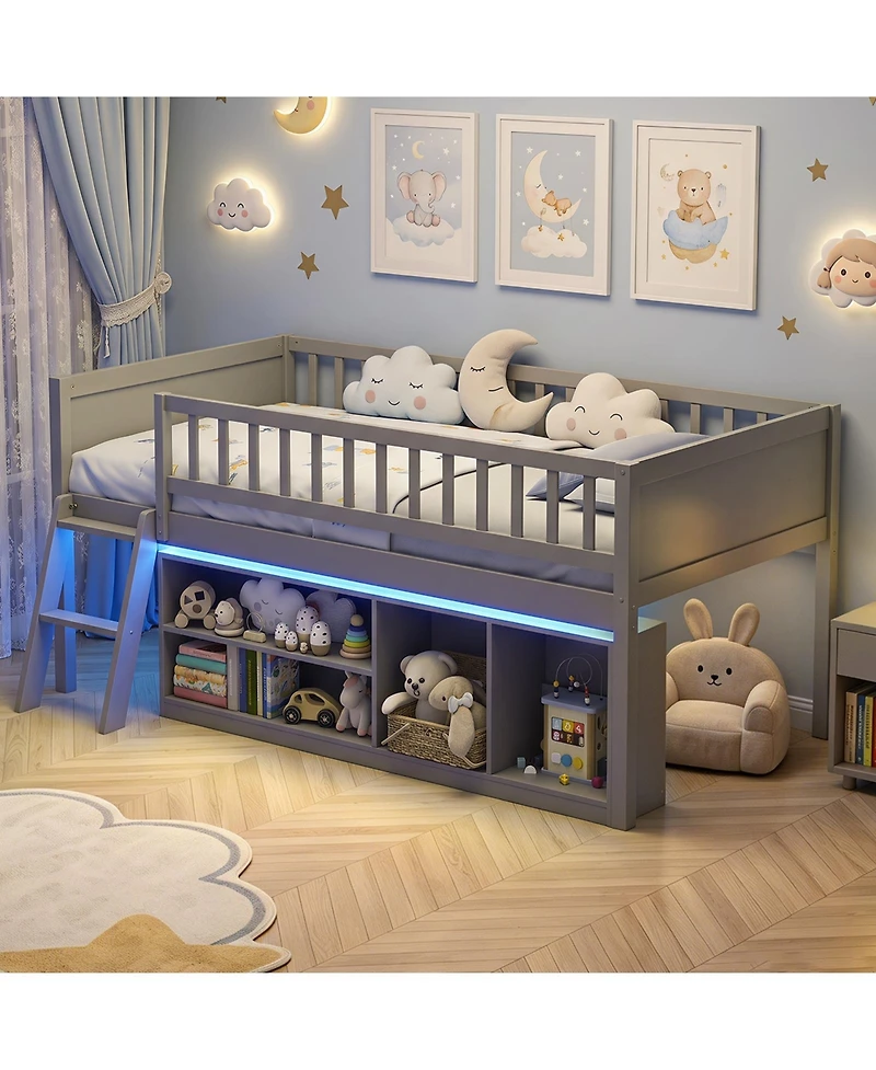 Gymax Twin Size Loft Bed with Adjustable Led Lights Bookshelves Safety Guardrails