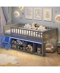 Gymax Twin Size Loft Bed with Adjustable Led Lights Bookshelves Safety Guardrails