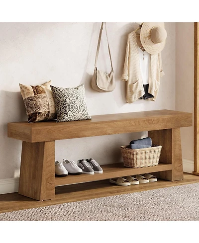 Tribesigns Wooden Entryway Bench with Shoe Storage: 63" 2-tier farmhouse bench with open shelves. Seating for hallway, foyer, end of bed