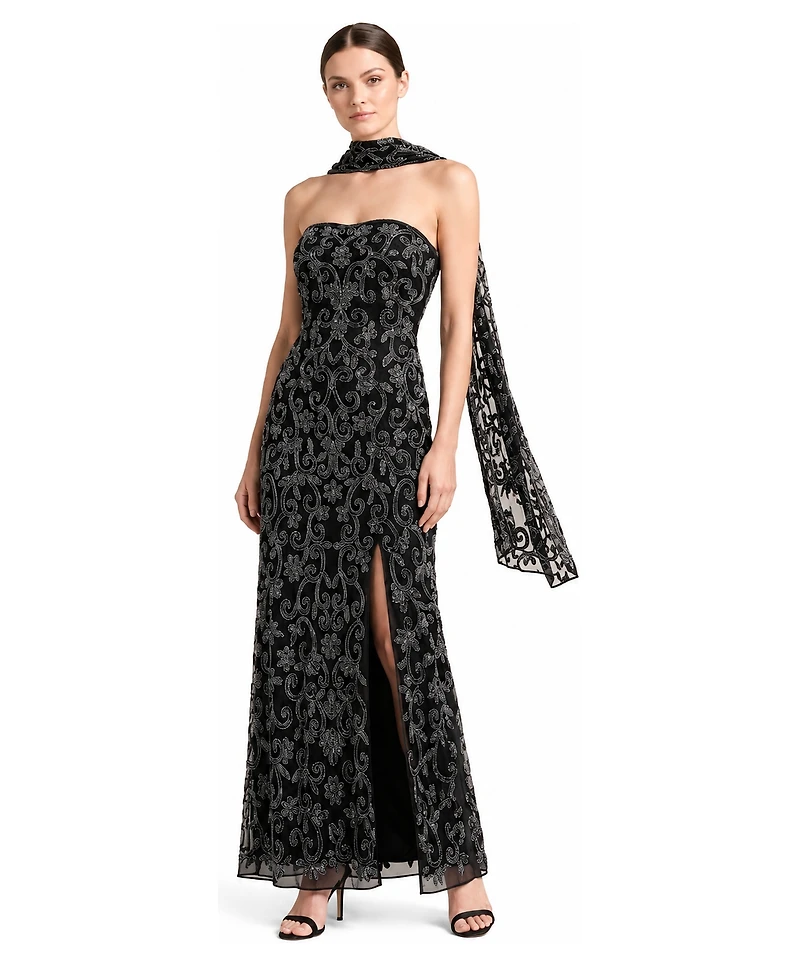 Lara Women's Strapless Beaded Gown with Scarf