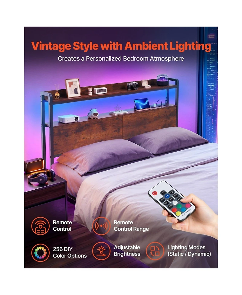 Sugift Full Size Headboard with Shelves Led Lighting 3 Outlets and 3 Usb Charging Ports