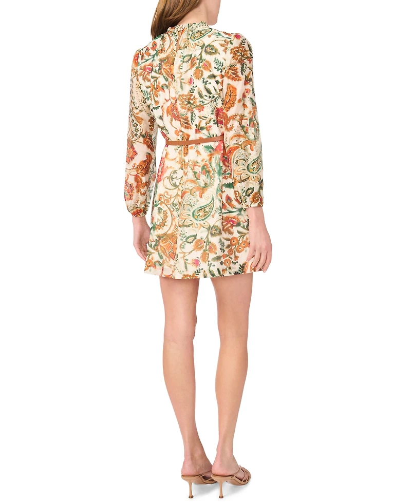 Msk Petites Ruffle Mock Neck Floral-Print Long-Sleeve Dress
