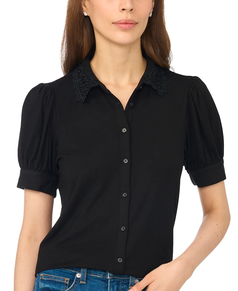 CeCe Women's Scallop-Trim Collared Short-Sleeve Button-Front Top
