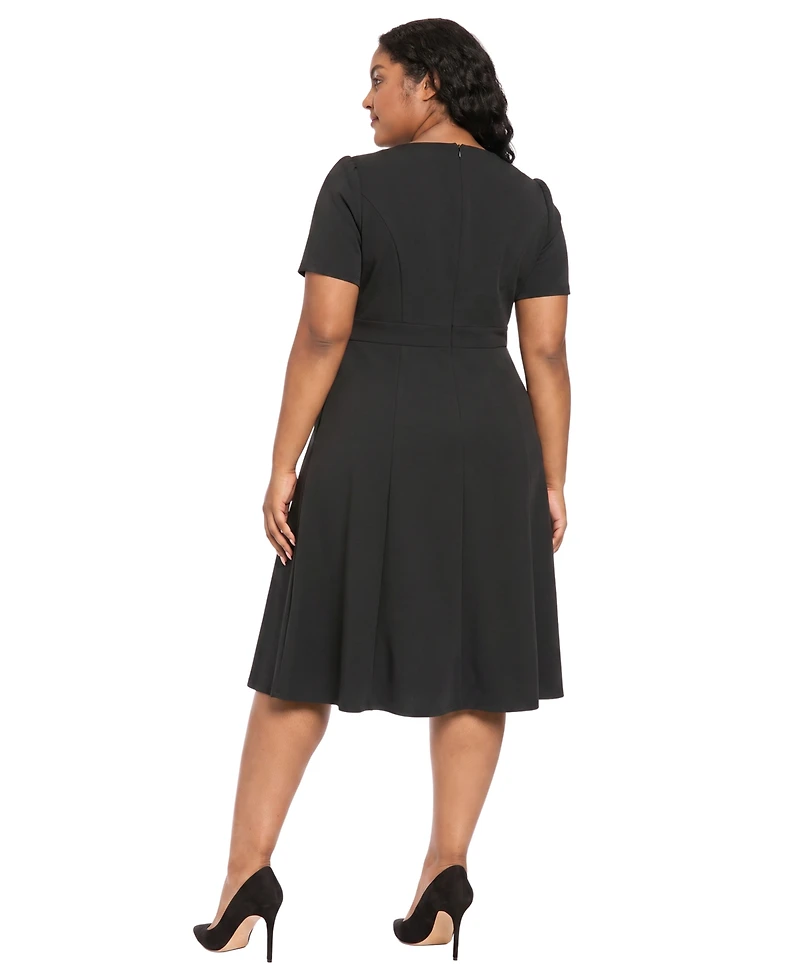 London Times Women's Plus Belted Fit & Flare Boat Neck Short Sleeve Dress