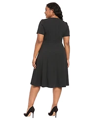 London Times Women's Plus Belted Fit & Flare Boat Neck Short Sleeve Dress