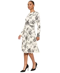 London Times Women's Floral-Print Long-Sleeve Cowl Neck Midi Dress