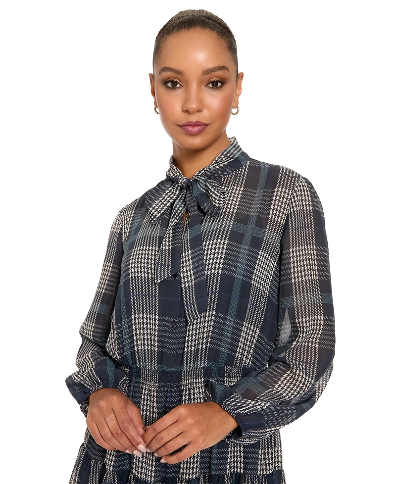 London Times Women's Plaid-Print Midi Tie-Neck Dress