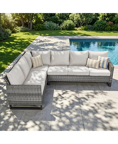Pocassy 6-Seat Outdoor Sectional Sofa L Shaped Couch Patio Conversation Furniture Set, Wicker with Removable Cushion