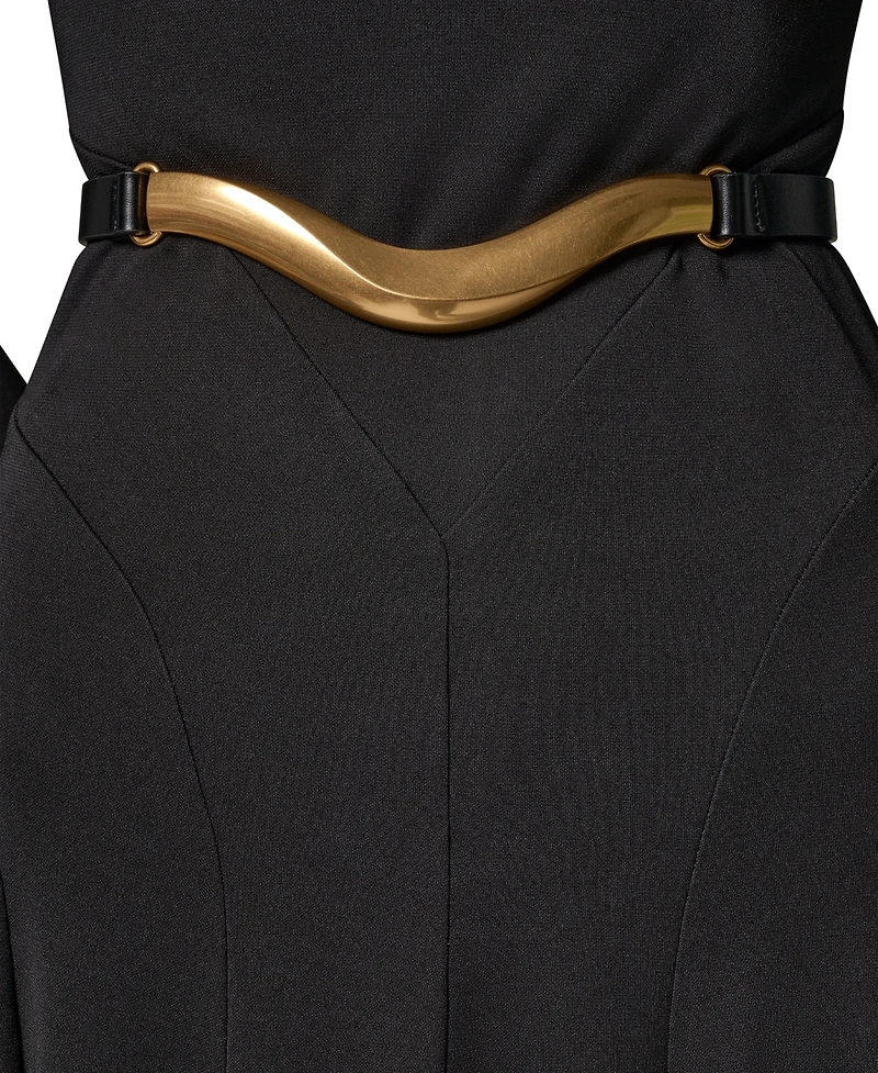 Donna Karan New York Women's Long Sleeve Mock Neck Pleated Maxi Dress with Belt