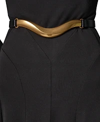 Donna Karan New York Women's Long Sleeve Mock Neck Pleated Maxi Dress with Belt