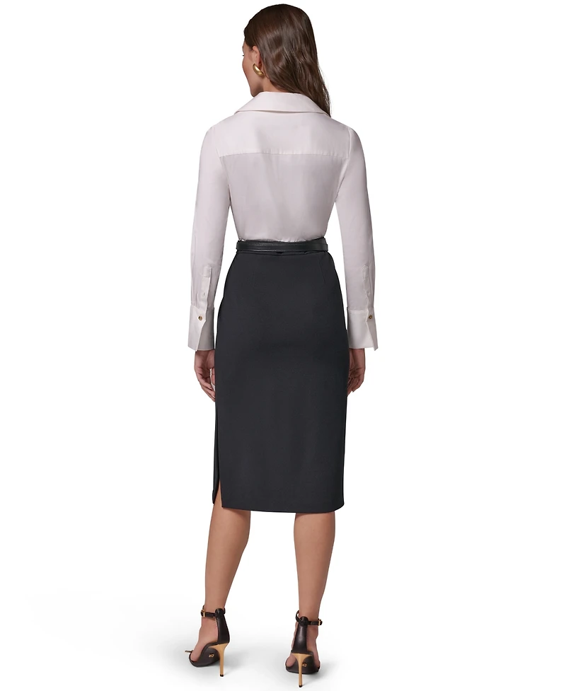 Long Sleeve Collared Mixed Media Belted Pencil Dress