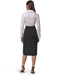 Long Sleeve Collared Mixed Media Belted Pencil Dress