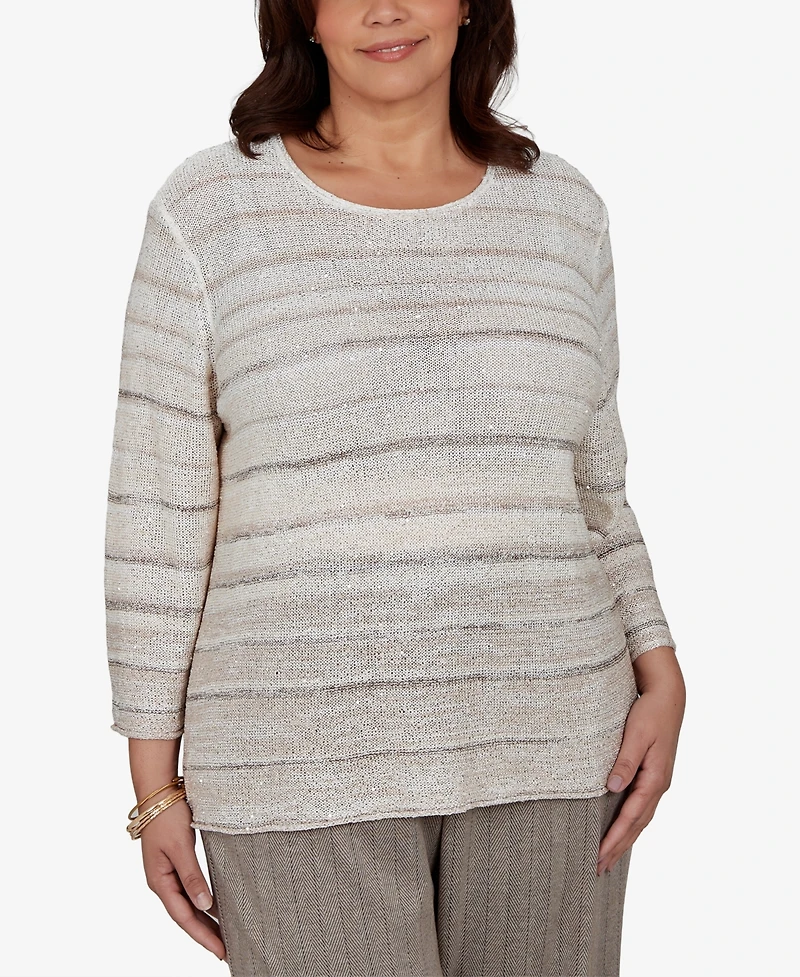 Alfred Dunner Plus Crew Neck 3/4-Sleeve Striped Sweater