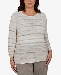 Alfred Dunner Plus Crew Neck 3/4-Sleeve Striped Sweater