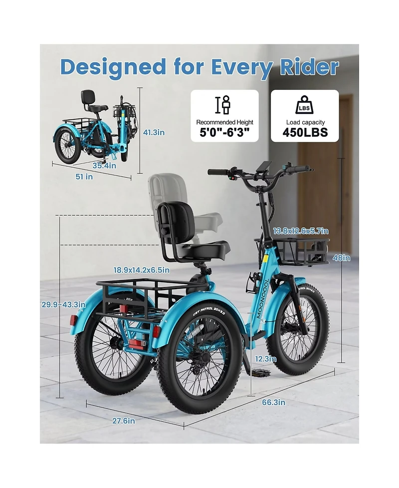 Mooncool TK2 Pro Adult Folding E-Trike with Reverse, 6-Speed, 1500W Peak, 20" Fat Tire