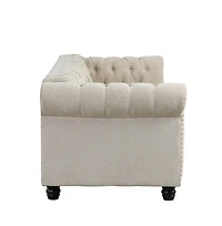 Morden Fort Linen Chesterfield 3 Seat Sofa Living Room Rolled Arm Couch with Button Tufted and Nailhead Trim