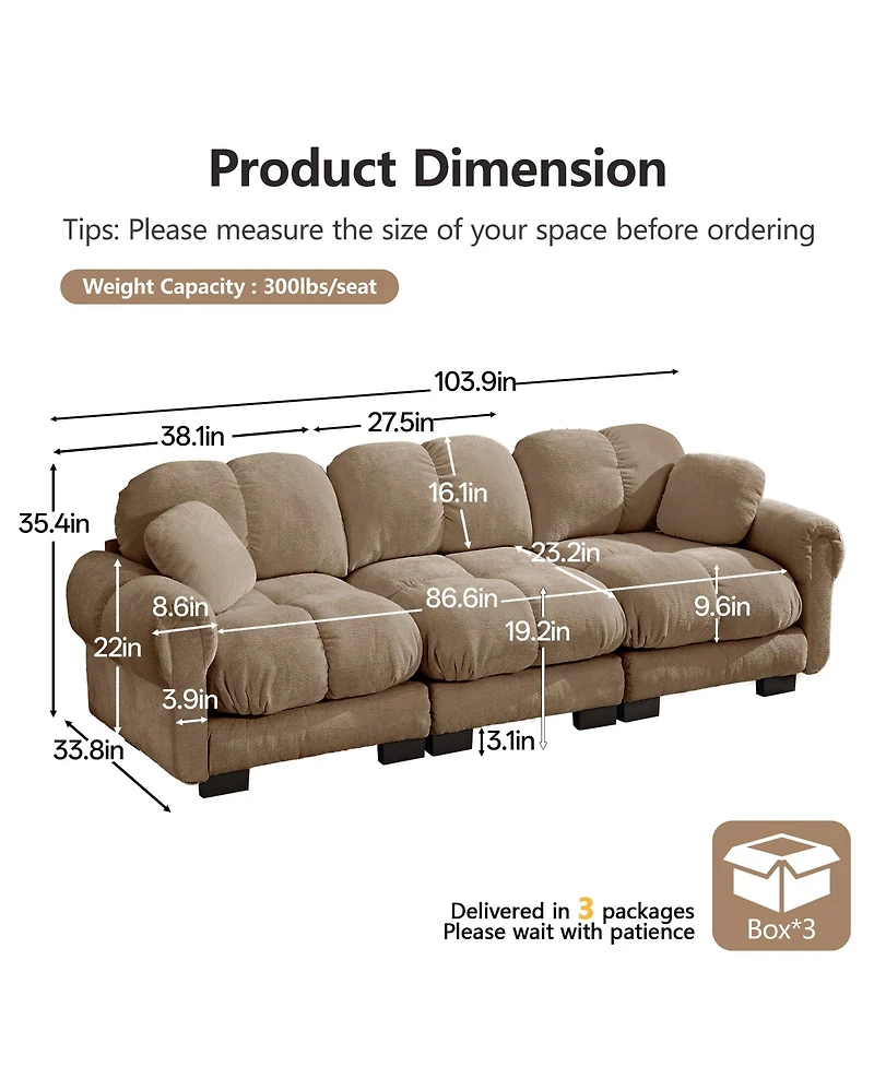 Clihome Chenille Cloud 3-Seater Sofa, Exquisite pillows and quilted back cushions