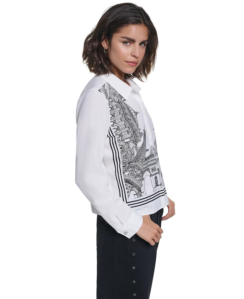 Karl Lagerfeld Paris Women's Placed Print Button Down Top