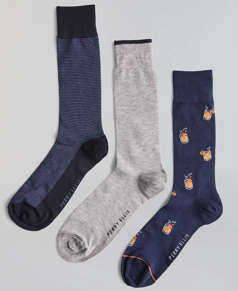 Perry Ellis Portfolio Men's Drinks Flat-Knit Stripes Crew Socks, 3-Pack