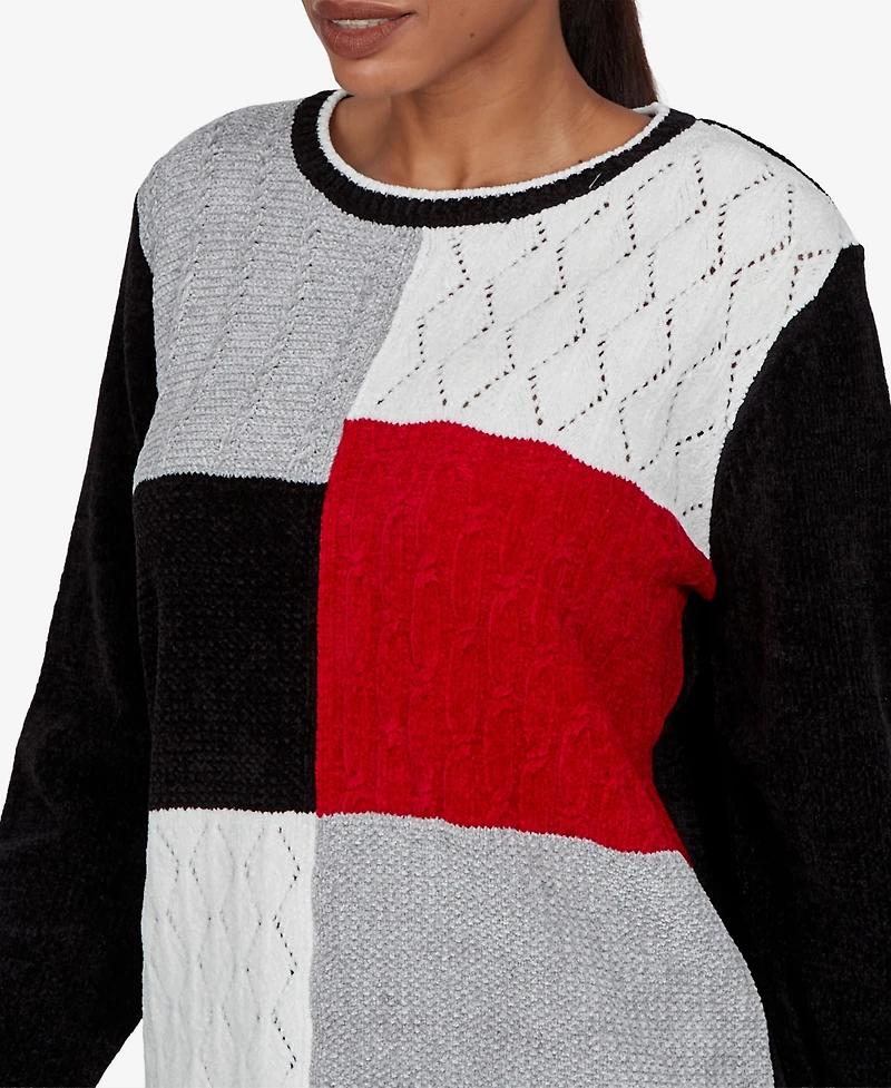 Alfred Dunner Women's Petite Colorblock Cable-Knit Long-Sleeve Crewneck Pullover