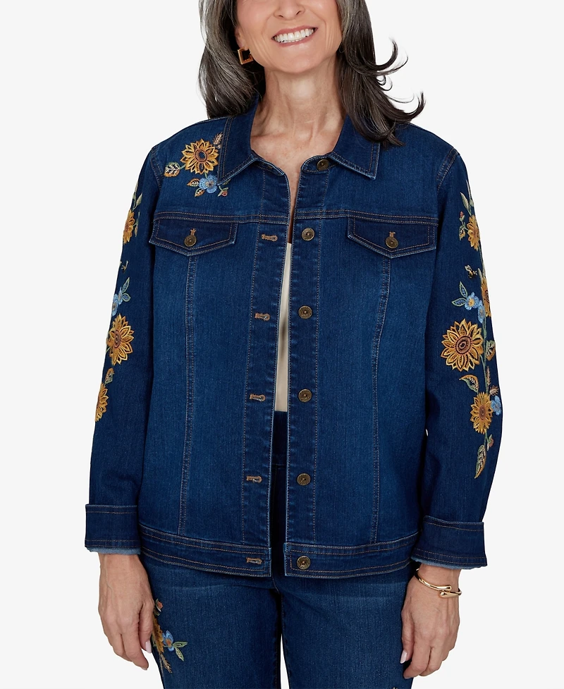Alfred Dunner Petite Denim Floral-Embroidered Jacket