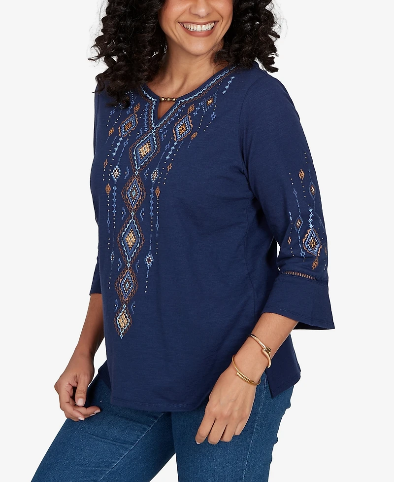 Alfred Dunner Petite Keyhole 3/4-Sleeve Embroidered Top