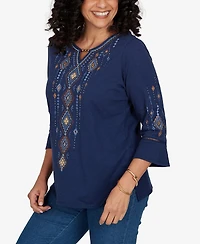 Alfred Dunner Petite Keyhole 3/4-Sleeve Embroidered Top