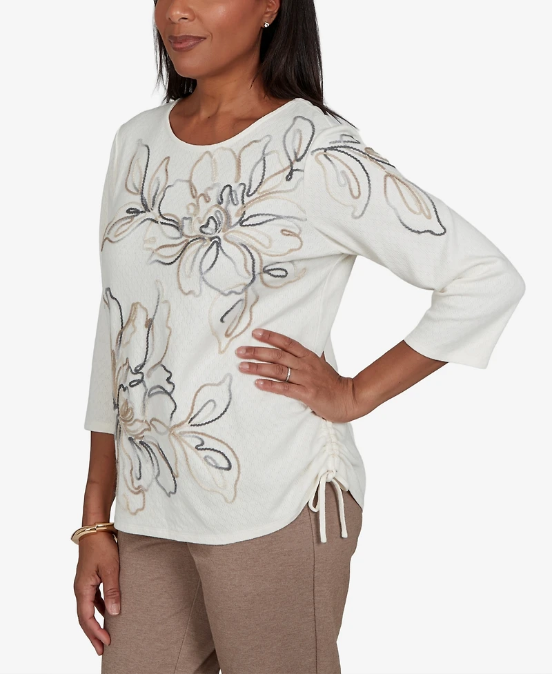 Alfred Dunner Petite Floral Ruched 3/4-Sleeve T-Shirt