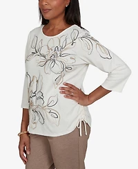 Alfred Dunner Petite Floral Ruched 3/4-Sleeve T-Shirt