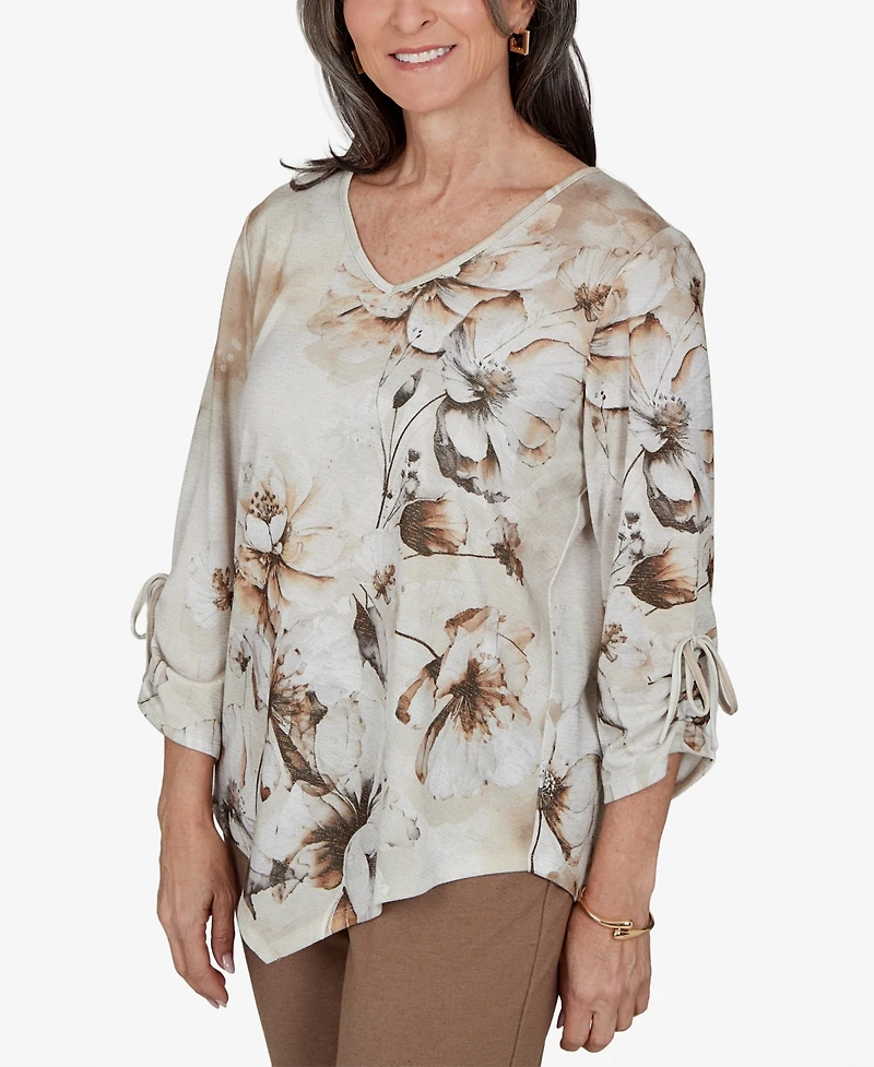 Alfred Dunner Petite Floral-Print 3/4-Sleeve V-Neck Blouse
