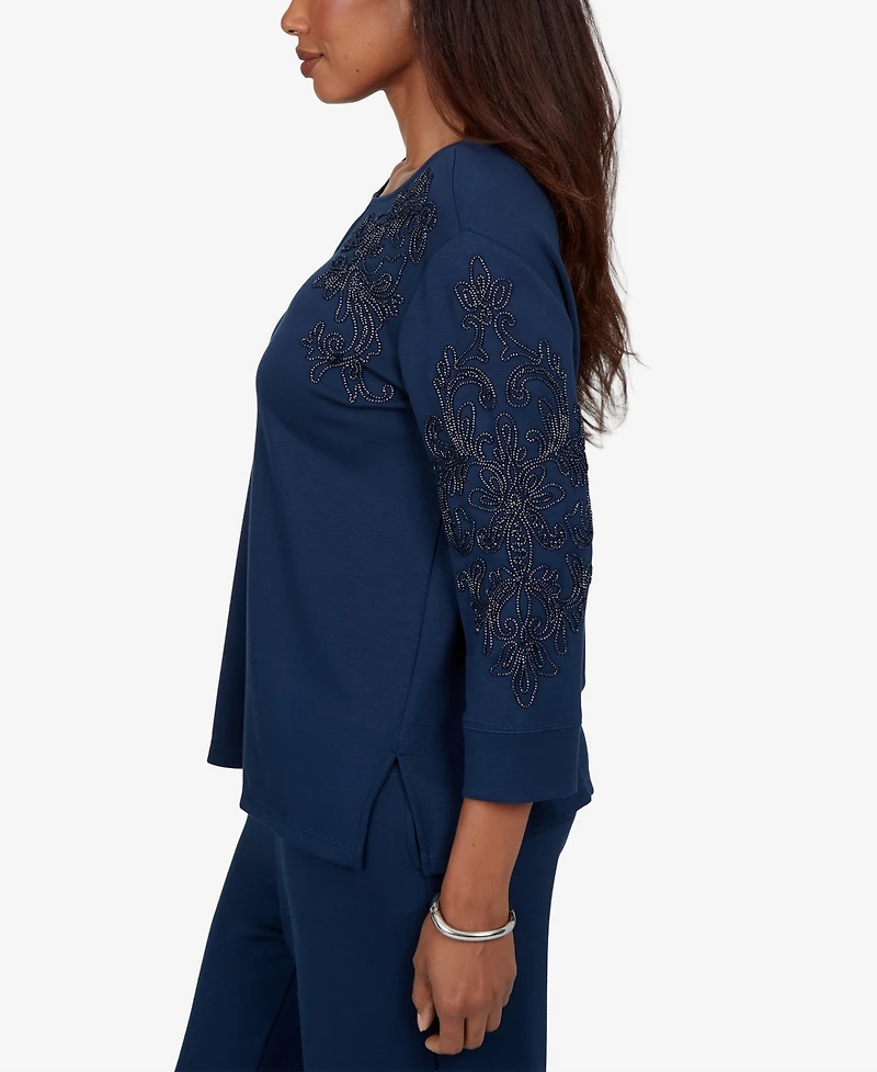 Alfred Dunner Petite Embellished Keyhole Neck 3/4-Sleeve Top