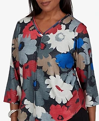 Alfred Dunner Women's Petite Floral 3/4-Sleeve V-Neck Top
