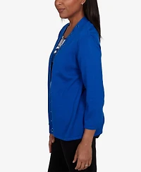 Alfred Dunner Petite Sweatr Pet Shawl-Collar 3/4-Sleeve Cardigan