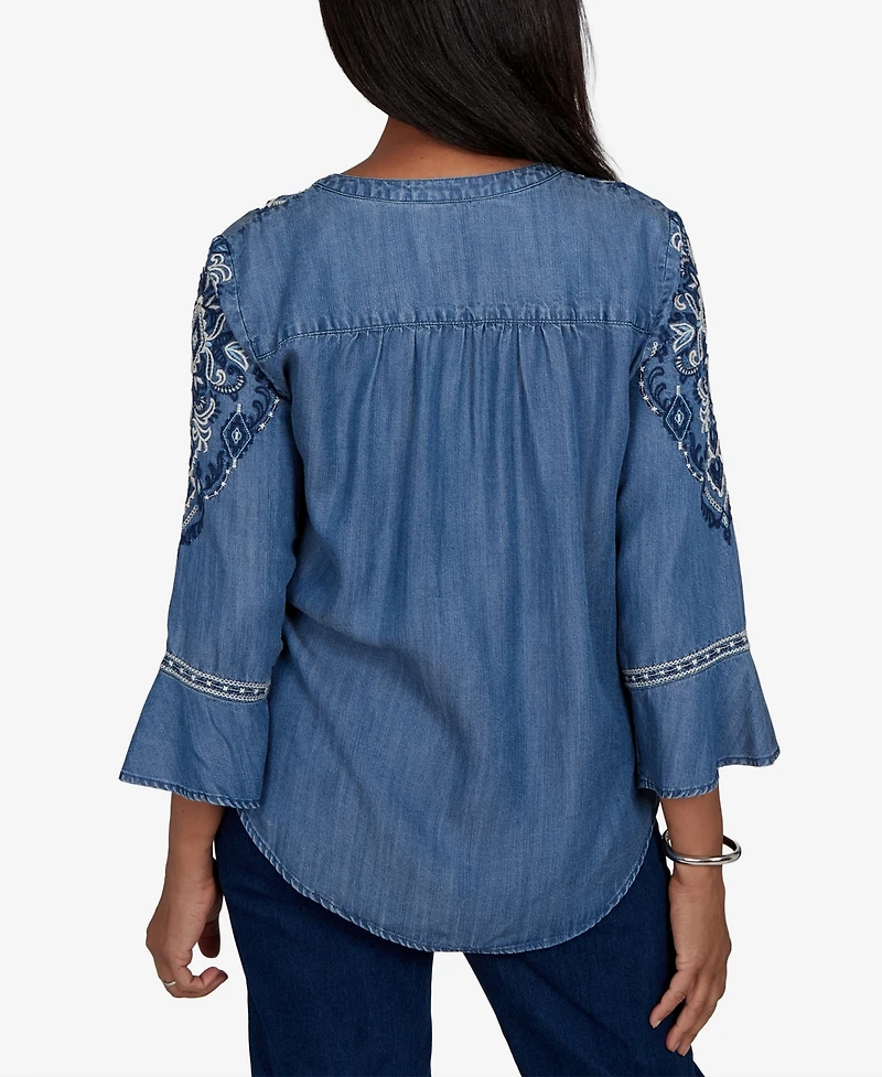 Alfred Dunner Women's Woven Split V-Neck 3/4-Sleeve Button-Front Blouse